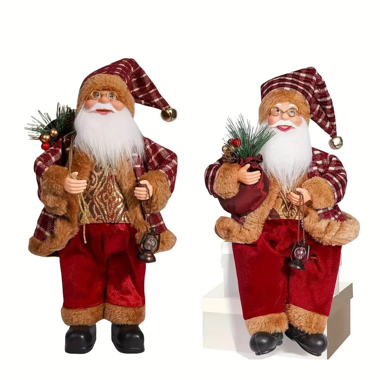 2/1 Set Red & Gold Standing and Sitting Santa Claus Statues – Luxury Christmas Decorations for 2025