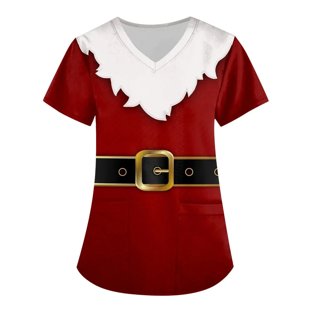 Women’s Christmas Nursing Scrub Top – V-Neck Short Sleeve Medical Uniform Blouse with Pockets