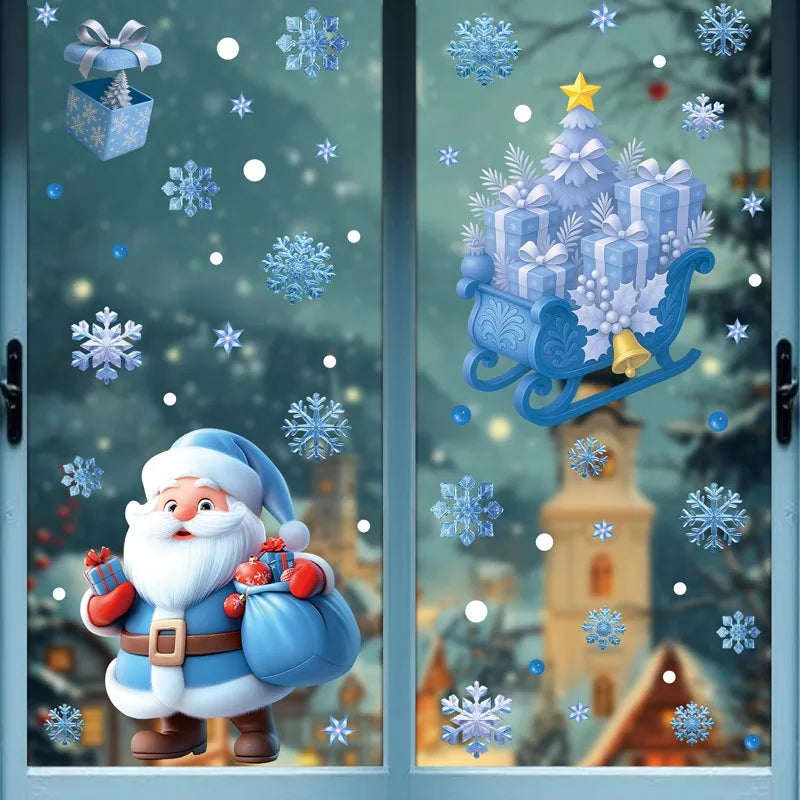 Christmas Blue Snowman Window Stickers – Santa, Elk & Snowflake Decals | Merry Christmas 2025 & Happy New Year 2026 Decor