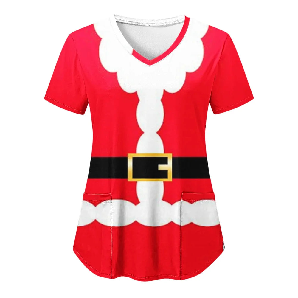 Women’s Christmas Nursing Scrub Top – V-Neck Short Sleeve Medical Uniform Blouse with Pockets