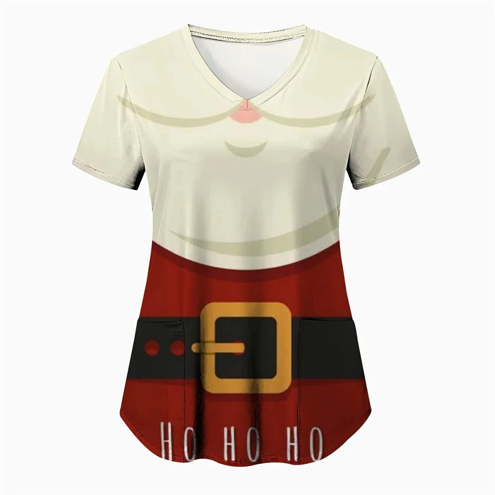 Women’s Christmas Nursing Scrub Top – V-Neck Short Sleeve Medical Uniform Blouse with Pockets