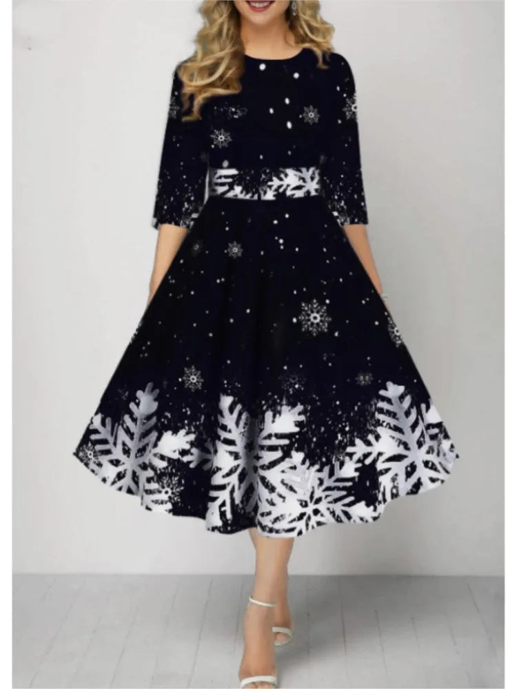 Autumn Winter New Snowflake Digital Print Women's 3/4sleeves Christmas Dress Fashion Waist Elegant Female A Line Christmas Dress