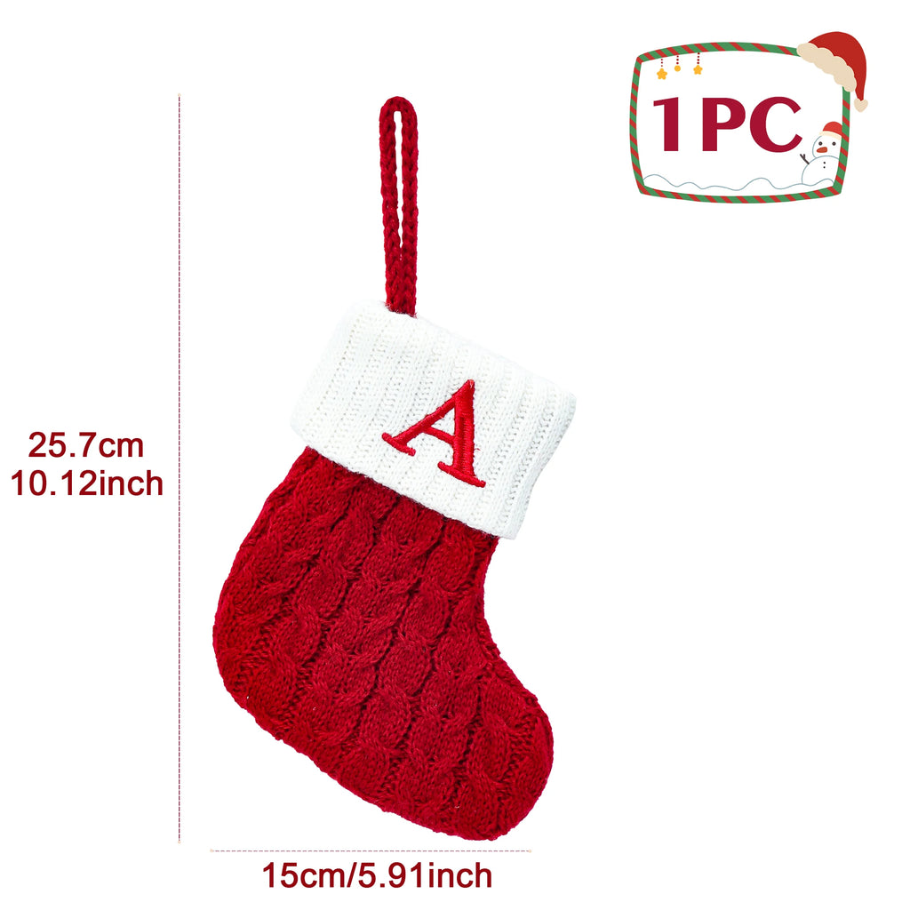Knitted Christmas Stocking – Snowflake & Letter Design | 2025 Xmas Tree Hanging Socks Home Decor & New Year 2026 Gift