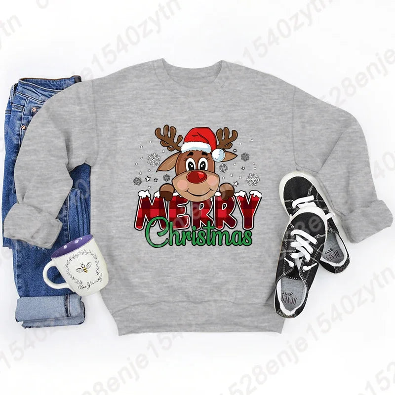 Women’s Festive Christmas Reindeer & Plaid Graphic Sweatshirt – Casual Long Sleeve Crew Neck Winter Top