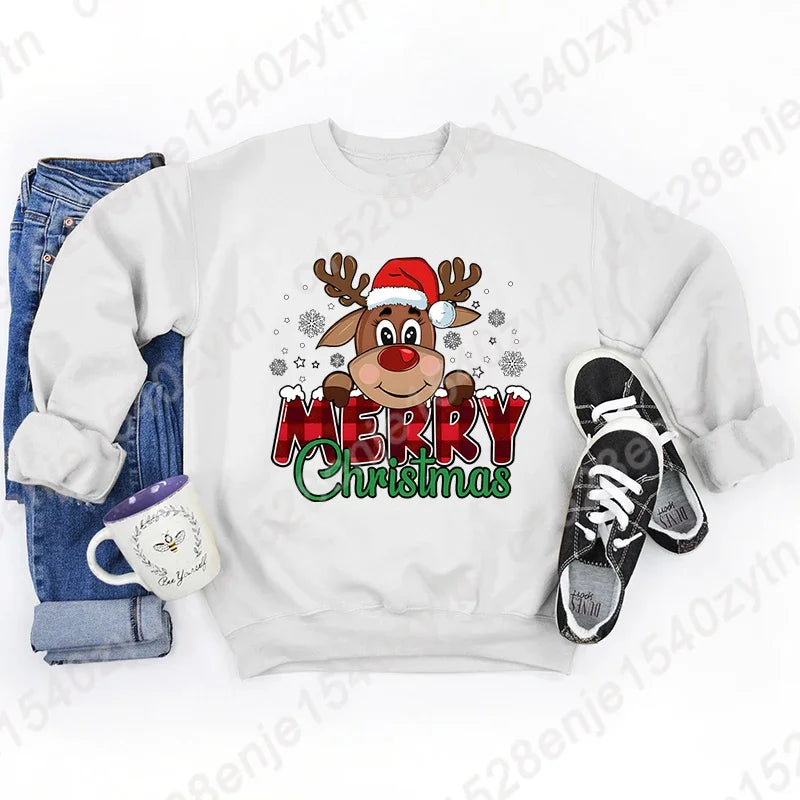 Women’s Festive Christmas Reindeer & Plaid Graphic Sweatshirt – Casual Long Sleeve Crew Neck Winter Top