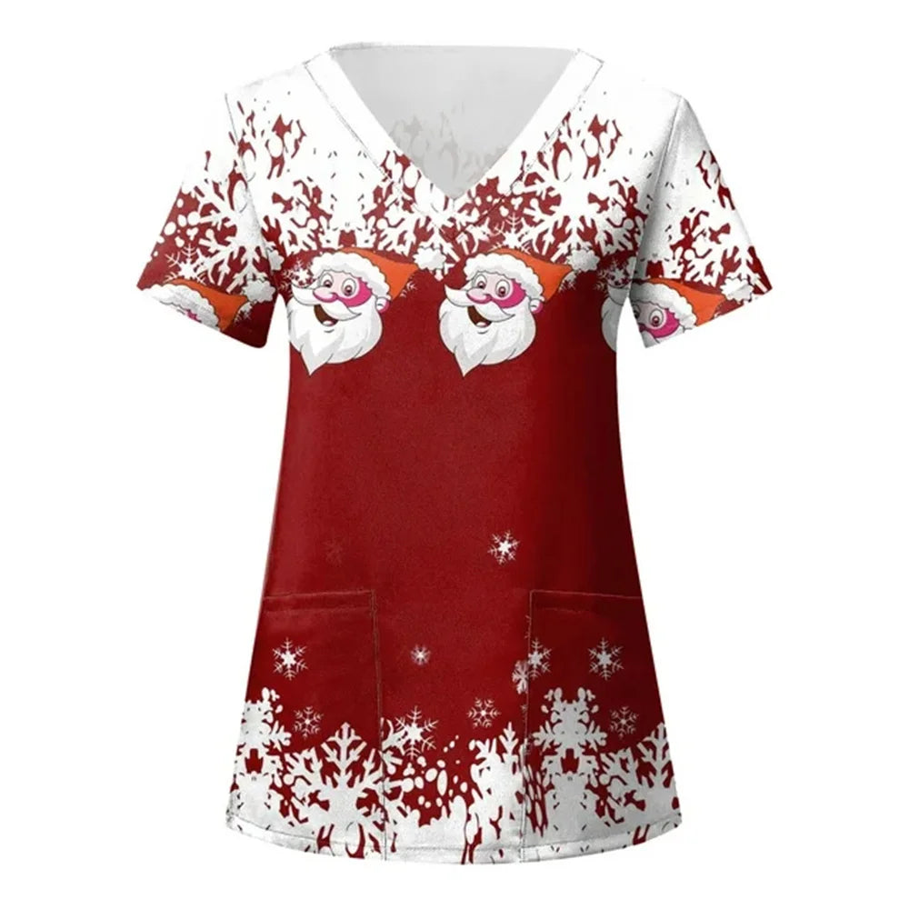 Women’s Christmas Nursing Scrub Top – V-Neck Short Sleeve Medical Uniform Blouse with Pockets
