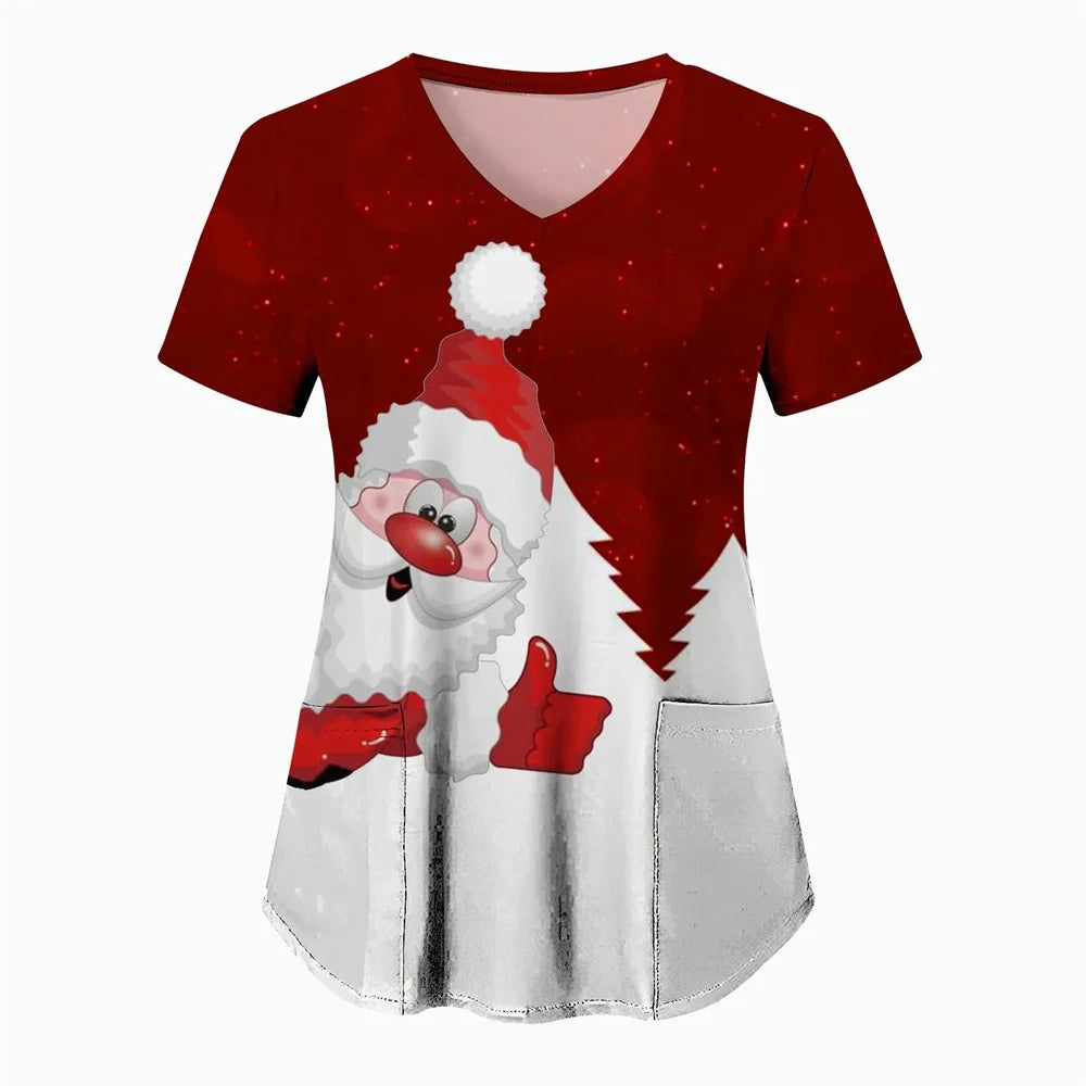 Women’s Christmas Nursing Scrub Top – V-Neck Short Sleeve Medical Uniform Blouse with Pockets