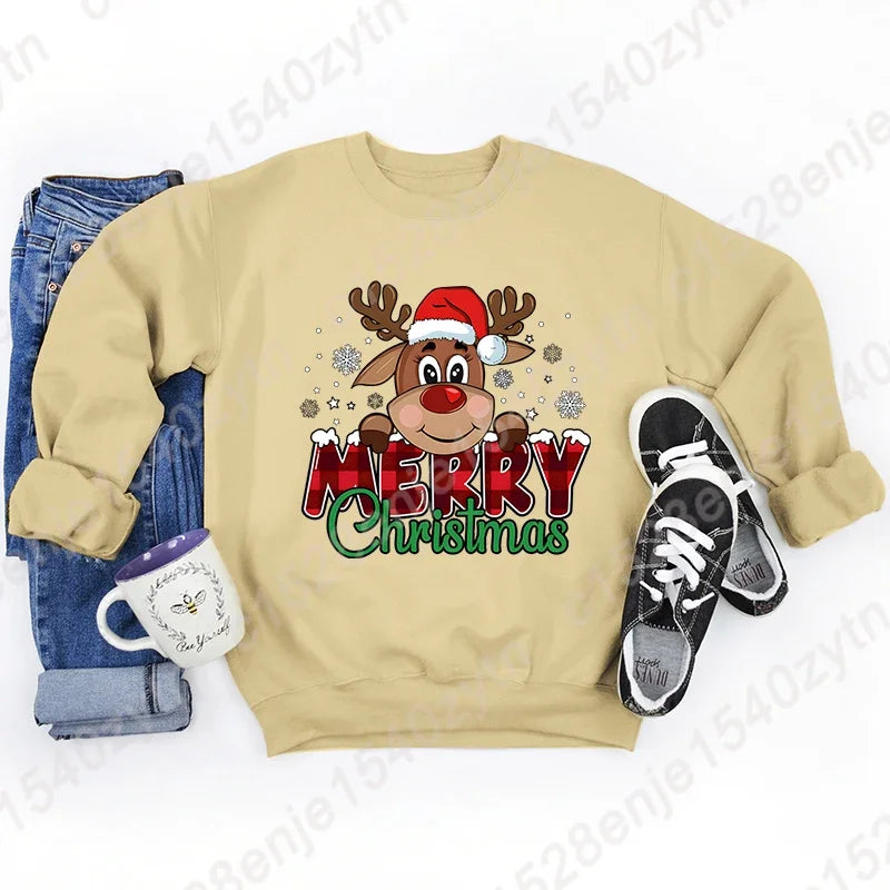 Women’s Festive Christmas Reindeer & Plaid Graphic Sweatshirt – Casual Long Sleeve Crew Neck Winter Top