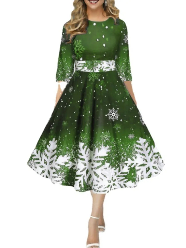 Autumn Winter New Snowflake Digital Print Women's 3/4sleeves Christmas Dress Fashion Waist Elegant Female A Line Christmas Dress