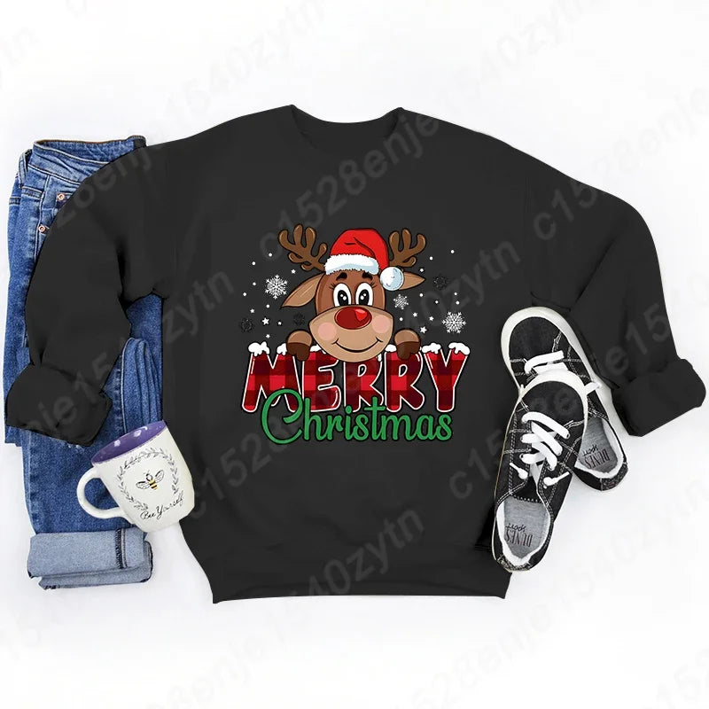 Women’s Festive Christmas Reindeer & Plaid Graphic Sweatshirt – Casual Long Sleeve Crew Neck Winter Top