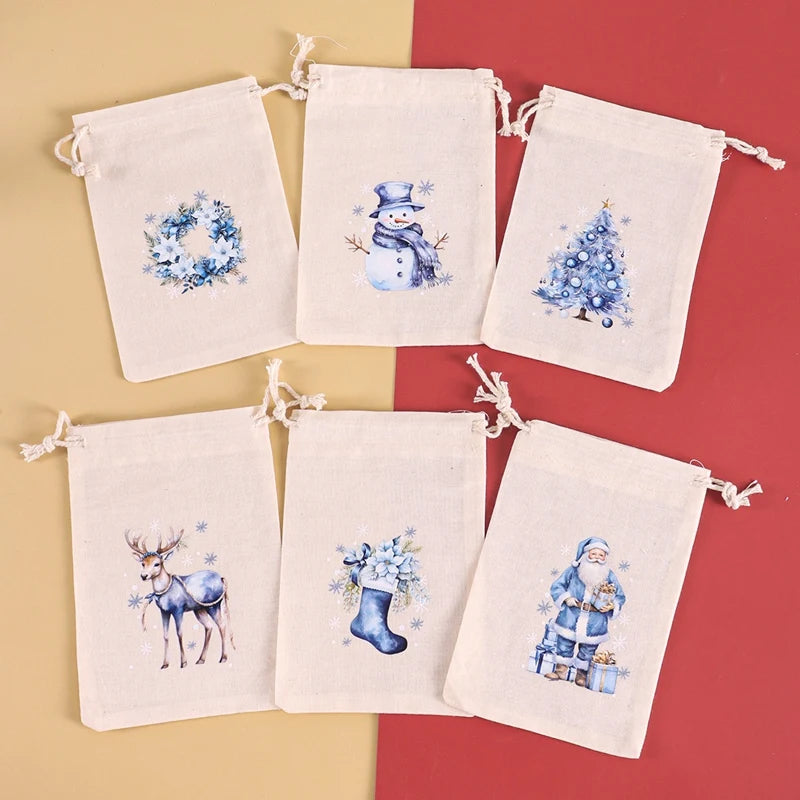6pcs Christmas Linen Cotton Gift Bags – 2025 Merry Christmas Candy Pouch Set
