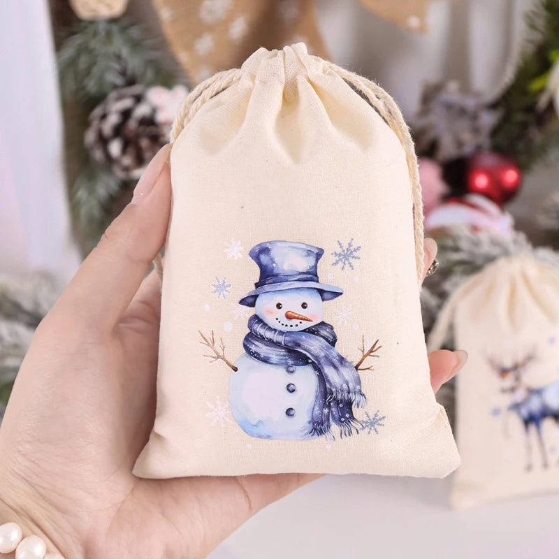 6pcs Christmas Linen Cotton Gift Bags – 2025 Merry Christmas Candy Pouch Set