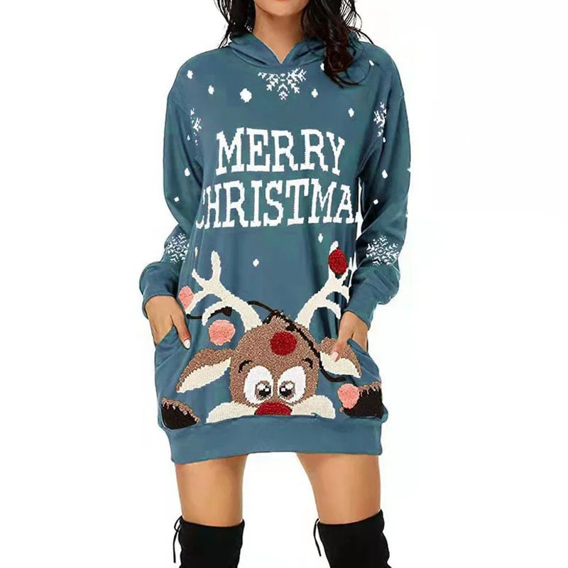 Plus Size Women’s Christmas Hooded Sweatshirt Dress – Casual Long Sleeve Loose Fit with Pockets