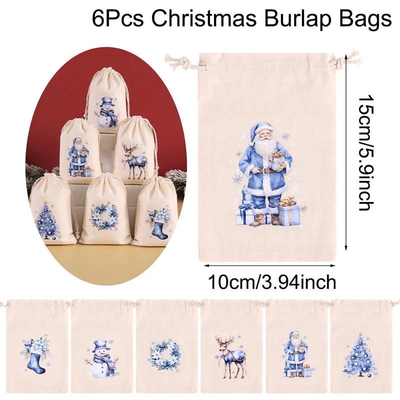 6pcs Christmas Linen Cotton Gift Bags – 2025 Merry Christmas Candy Pouch Set