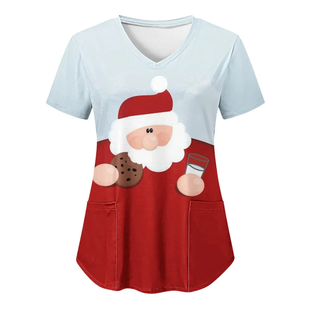 Women’s Christmas Nursing Scrub Top – V-Neck Short Sleeve Medical Uniform Blouse with Pockets