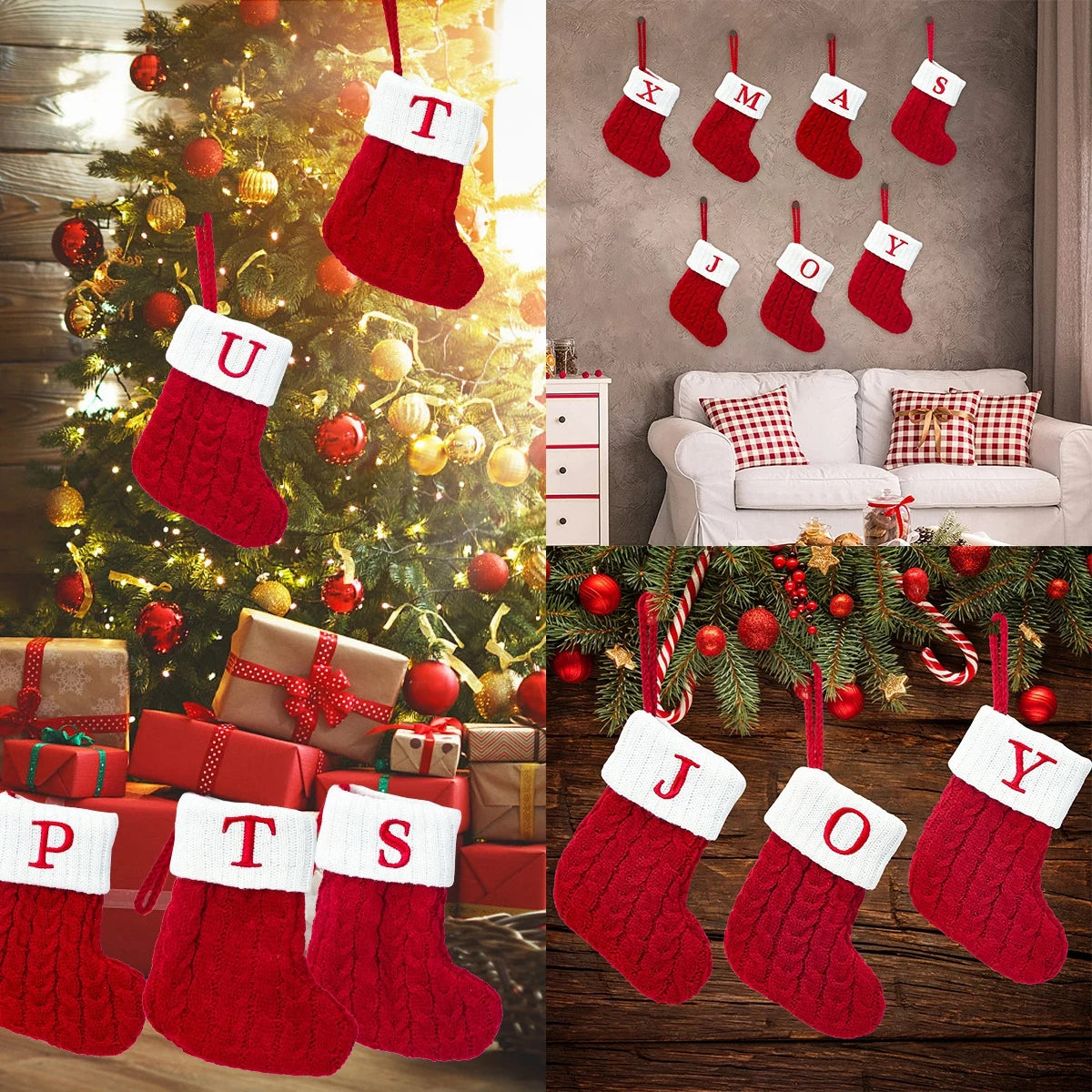 Knitted Christmas Stocking – Snowflake & Letter Design | 2025 Xmas Tree Hanging Socks Home Decor & New Year 2026 Gift