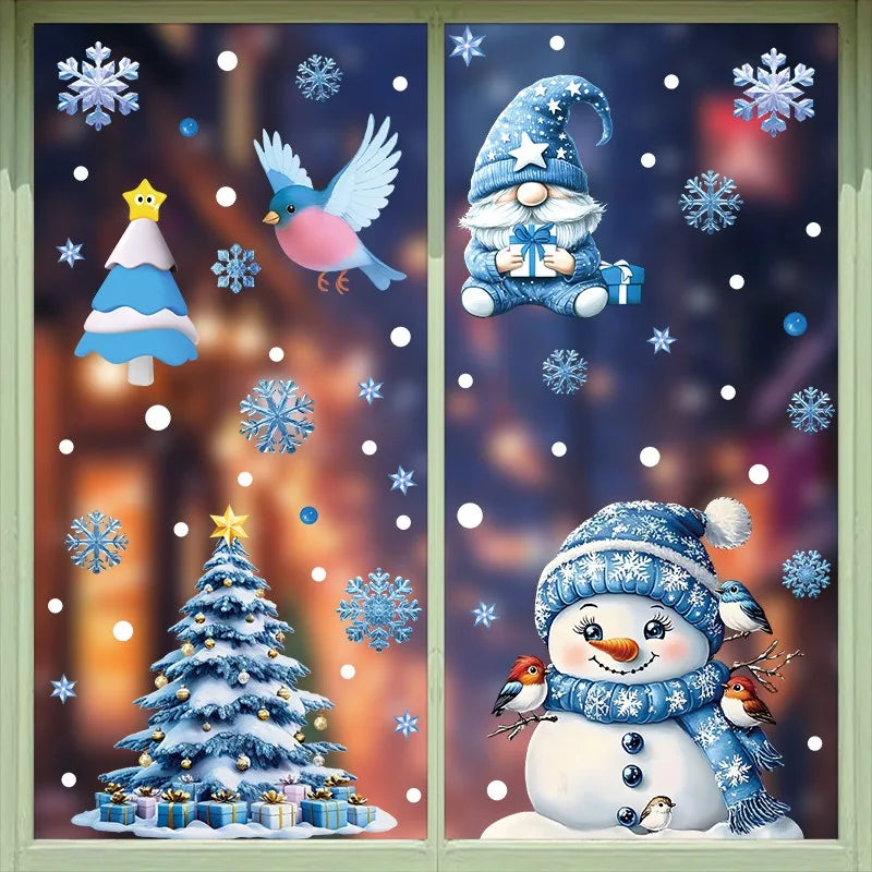 Christmas Blue Snowman Window Stickers – Santa, Elk & Snowflake Decals | Merry Christmas 2025 & Happy New Year 2026 Decor