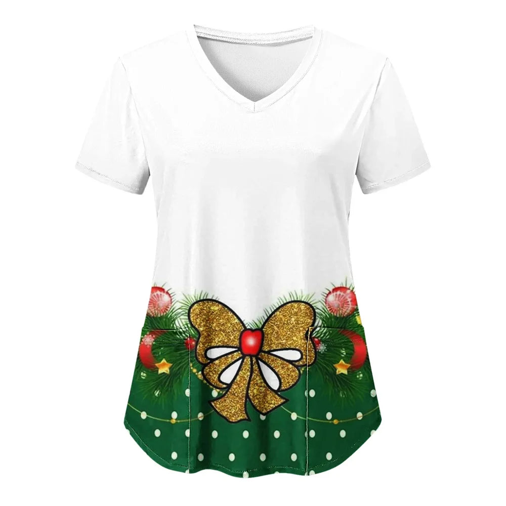 Women’s Christmas Nursing Scrub Top – V-Neck Short Sleeve Medical Uniform Blouse with Pockets