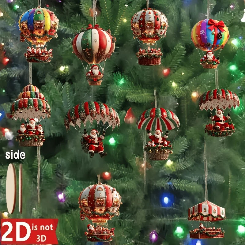 10pcs Wooden Hot Air Balloon Santa Claus Ornaments – 2D Flat Christmas Tree Decorations 2025