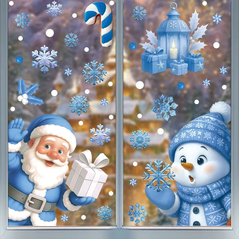 Christmas Blue Snowman Window Stickers – Santa, Elk & Snowflake Decals | Merry Christmas 2025 & Happy New Year 2026 Decor