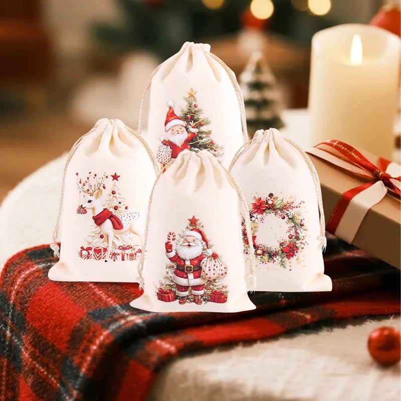 6pcs Christmas Linen Drawstring Gift Bags – Burlap Candy Pouches for Christmas 2025 & New Year 2026