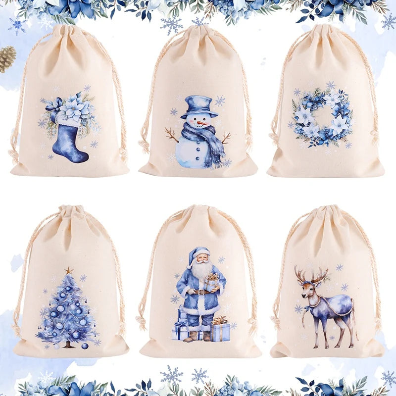 6pcs Christmas Linen Cotton Gift Bags – 2025 Merry Christmas Candy Pouch Set