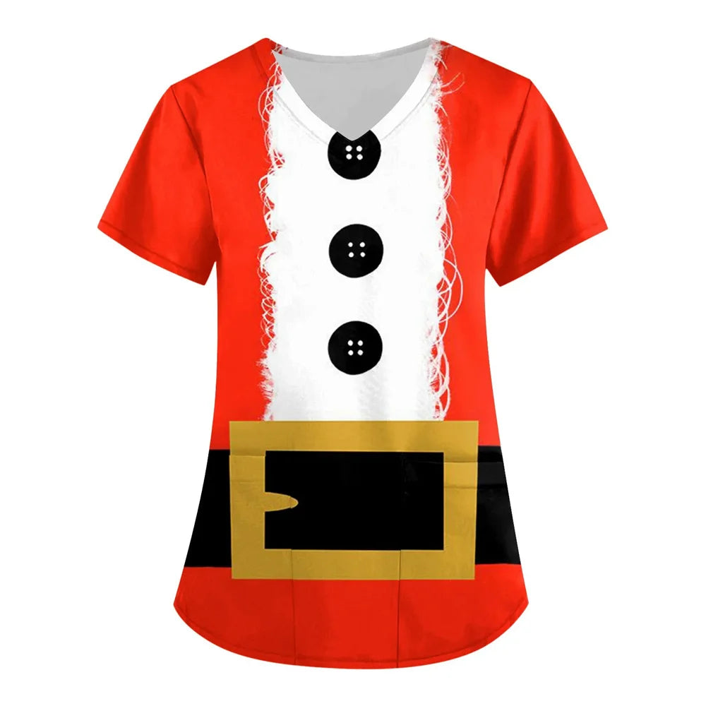 Women’s Christmas Nursing Scrub Top – V-Neck Short Sleeve Medical Uniform Blouse with Pockets