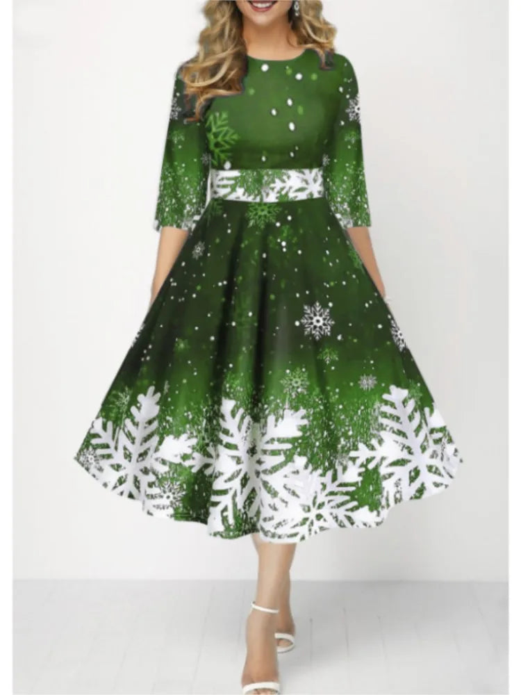 Autumn Winter New Snowflake Digital Print Women's 3/4sleeves Christmas Dress Fashion Waist Elegant Female A Line Christmas Dress