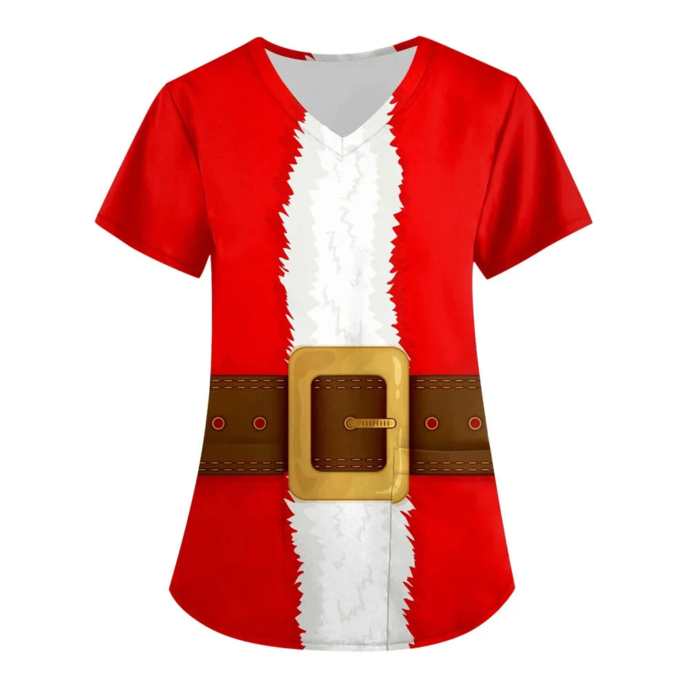 Women’s Christmas Nursing Scrub Top – V-Neck Short Sleeve Medical Uniform Blouse with Pockets