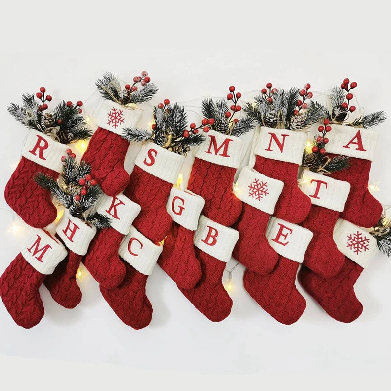 Knitted Christmas Stocking – Snowflake & Letter Design | 2025 Xmas Tree Hanging Socks Home Decor & New Year 2026 Gift