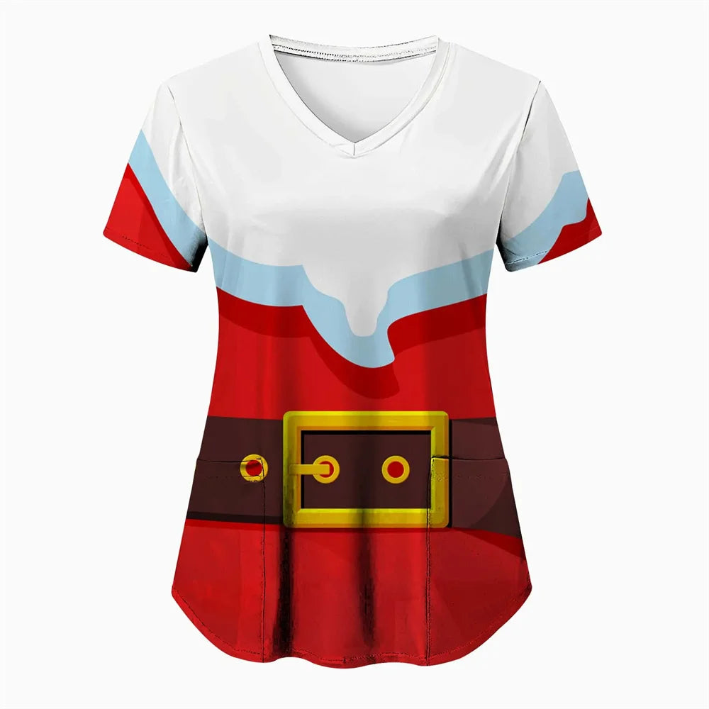 Women’s Christmas Nursing Scrub Top – V-Neck Short Sleeve Medical Uniform Blouse with Pockets
